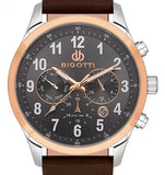 Bigotti Rose Gold Grey Multi-Dial Calendar Brown Leather Men's Watch | BG.1.10507-5