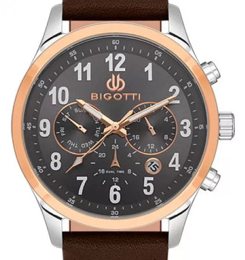 Bigotti Rose Gold Grey Multi-Dial Calendar Brown Leather Men's Watch | BG.1.10507-5