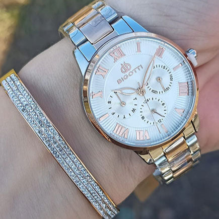 Bigotti Two-Tone Women's Watch, White Dial, Leather Strap | BG.1.10252-4