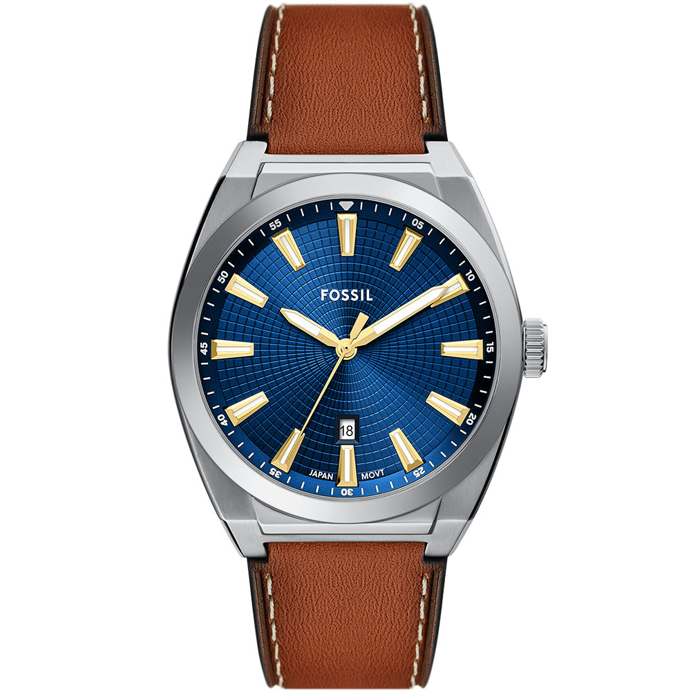 Fossil Everett Blue Dial Three Hand Date Brown Leather Men's Watch | FS6115