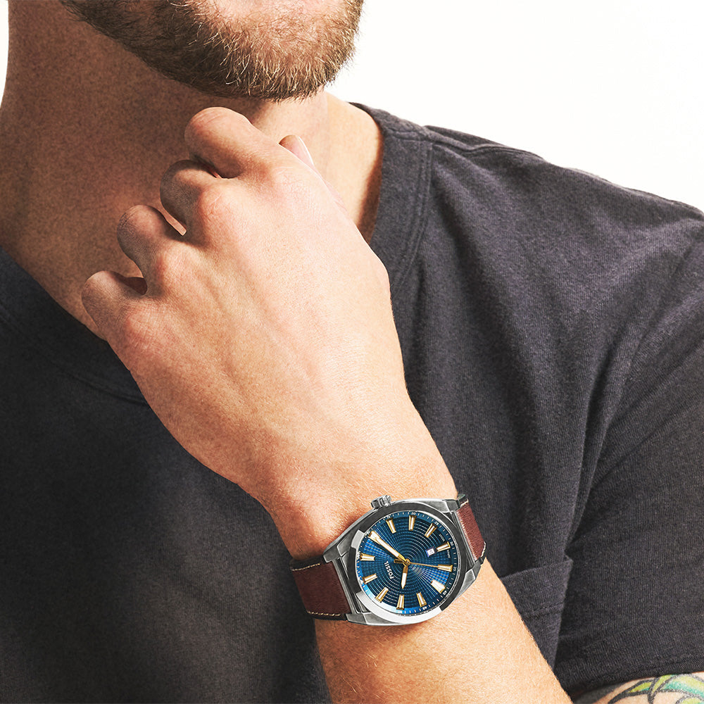 Fossil Everett Blue Dial Three Hand Date Brown Leather Men's Watch | FS6115