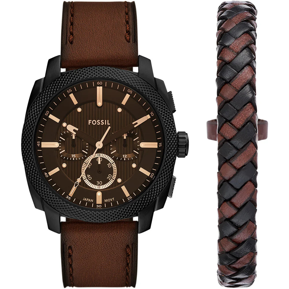Fossil Machine Black Dial and Brown Leather Strap 44mm Men's Watch | FS6102SET