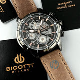 Bigotti Gunmetal Black Skeleton Multi-Dial Rose Gold Brown Leather Strap | BG.1.10579-5