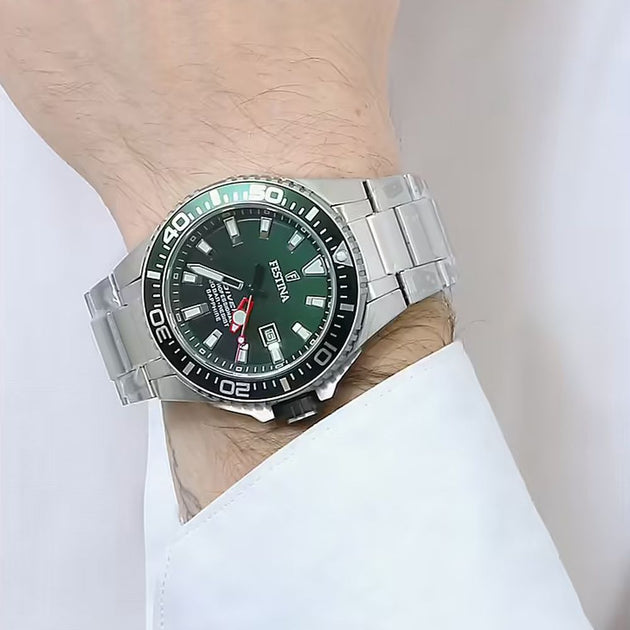 Festina The Originals Quartz Green Dial Fluorescent Steel Indices Stainless Steel Men's Watch | F20669/2