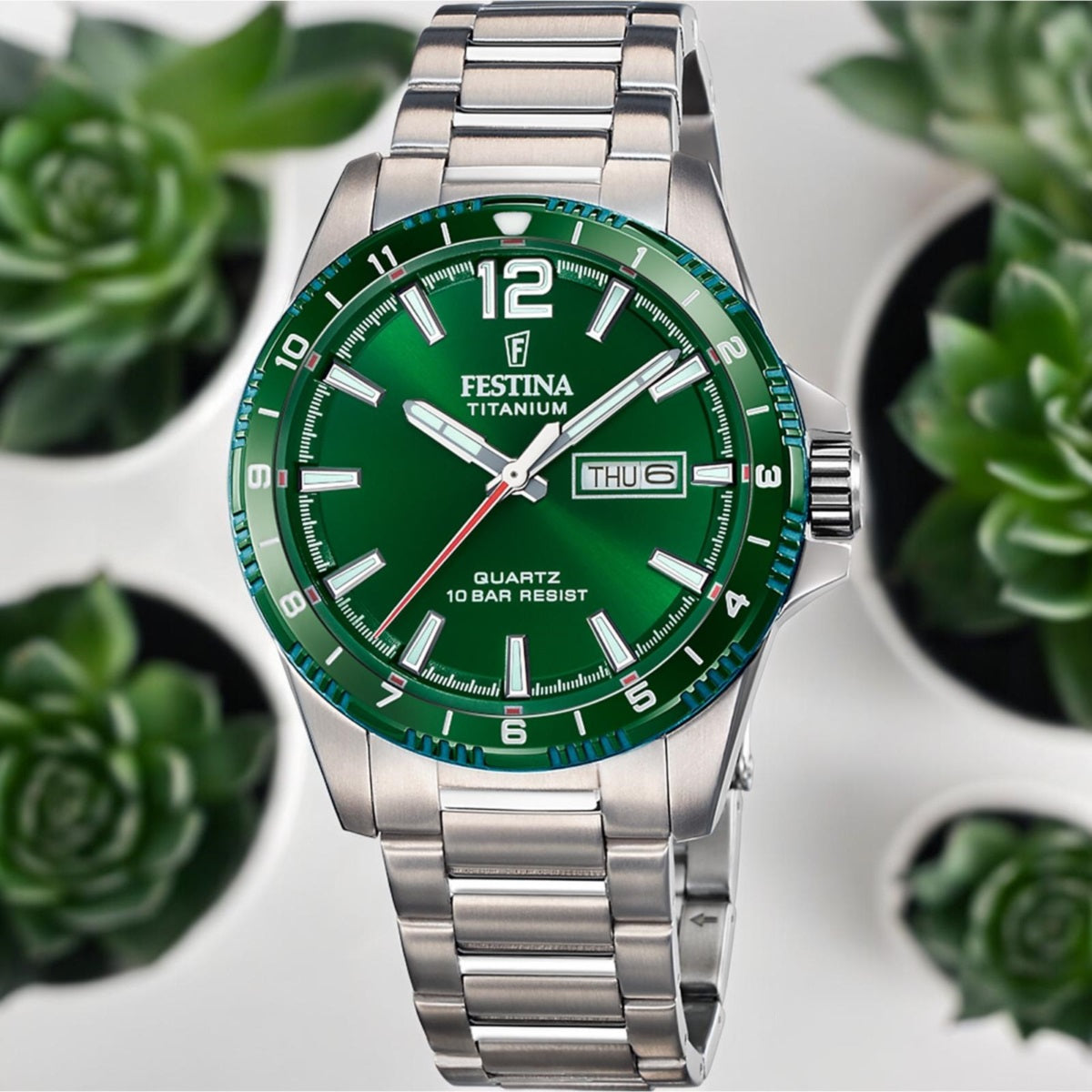 Festina Titanium Quartz Green Dial Fluorescent Steel Indices Men's Watch | F20698/3