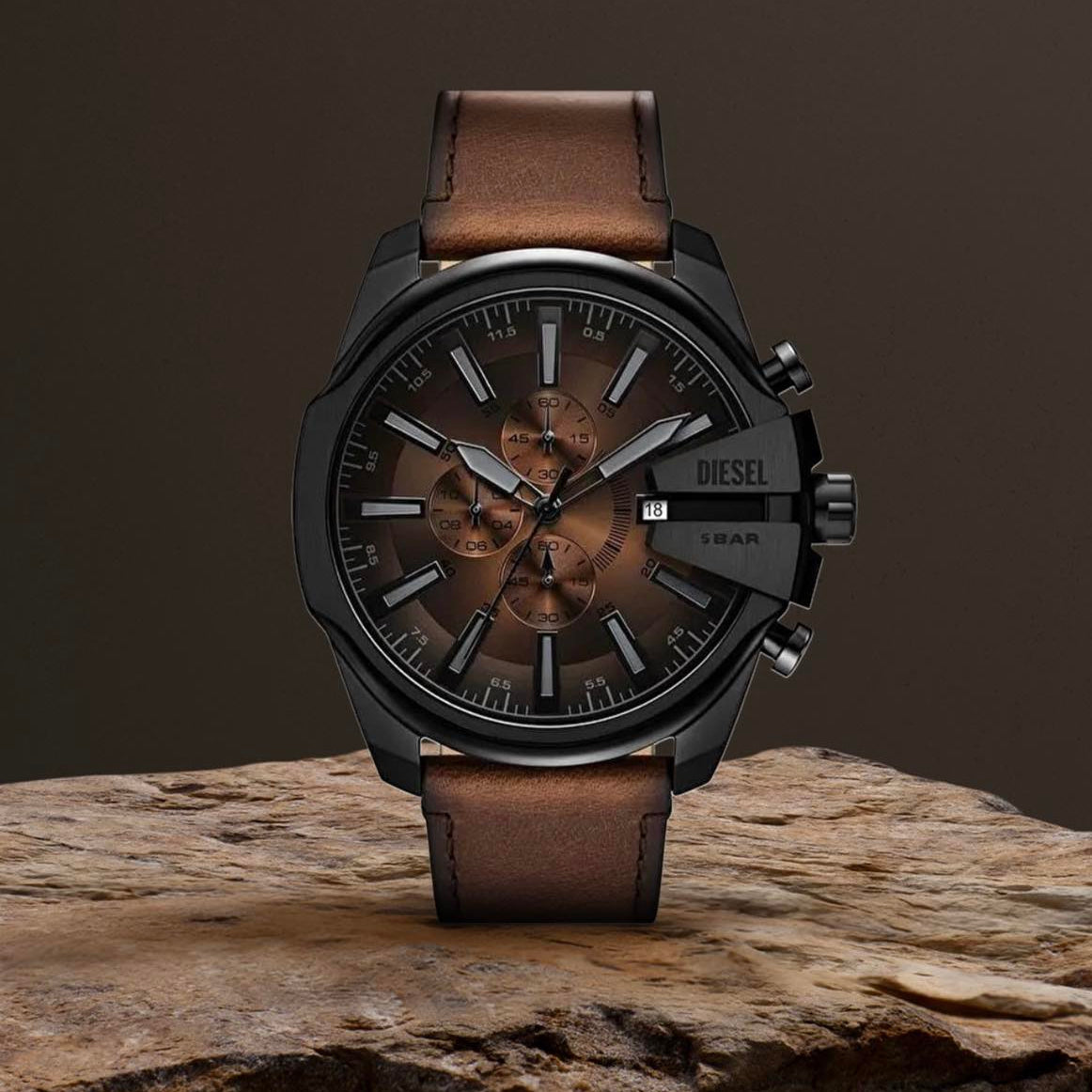 Diesel Mega Chief Black Dial Leather Strap Men's Watch | DZ4692