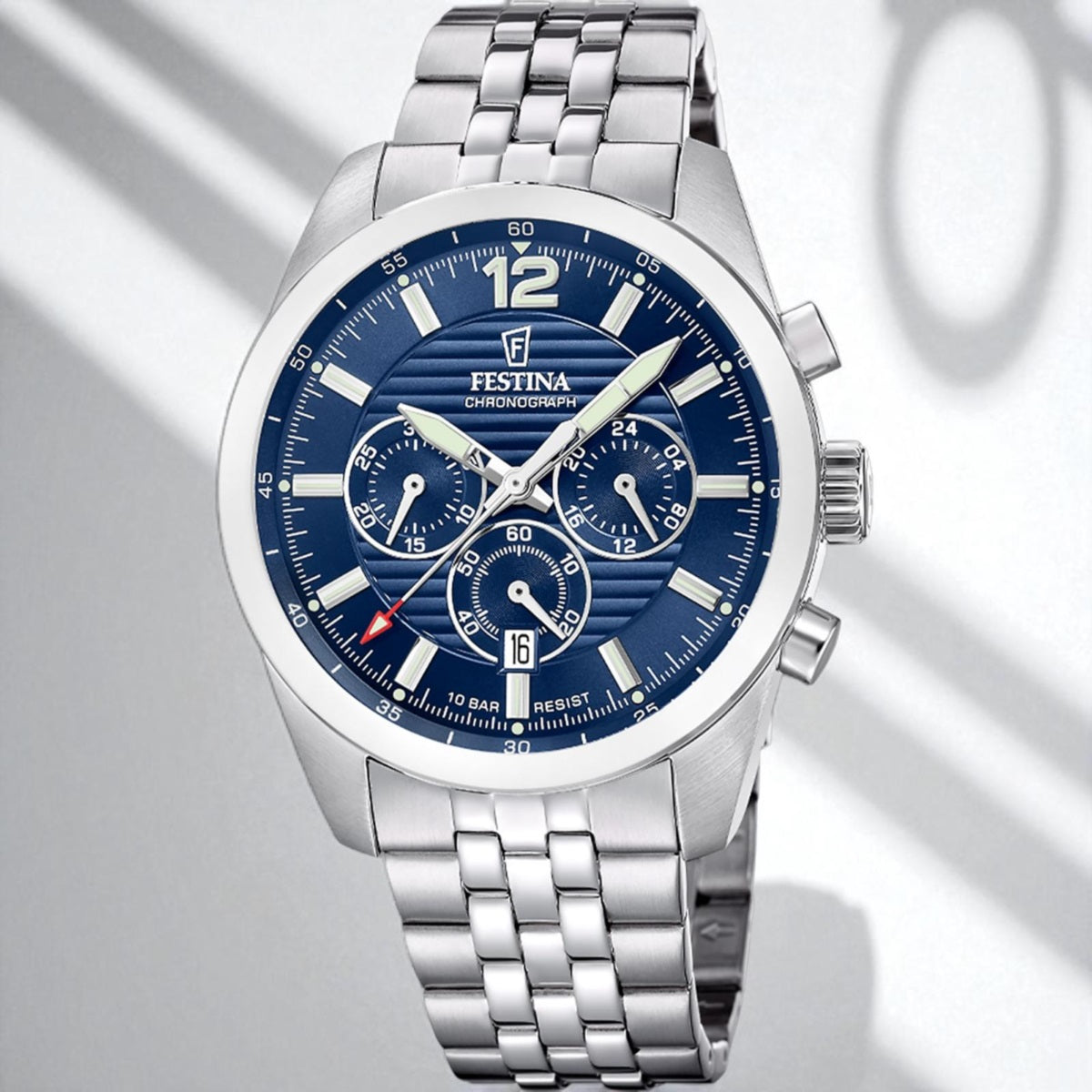 Festina Timeless Chronograph Quartz Blue Chrono Dial Fluorescent Indices Stainless Steel Men's Watch | F20742/1