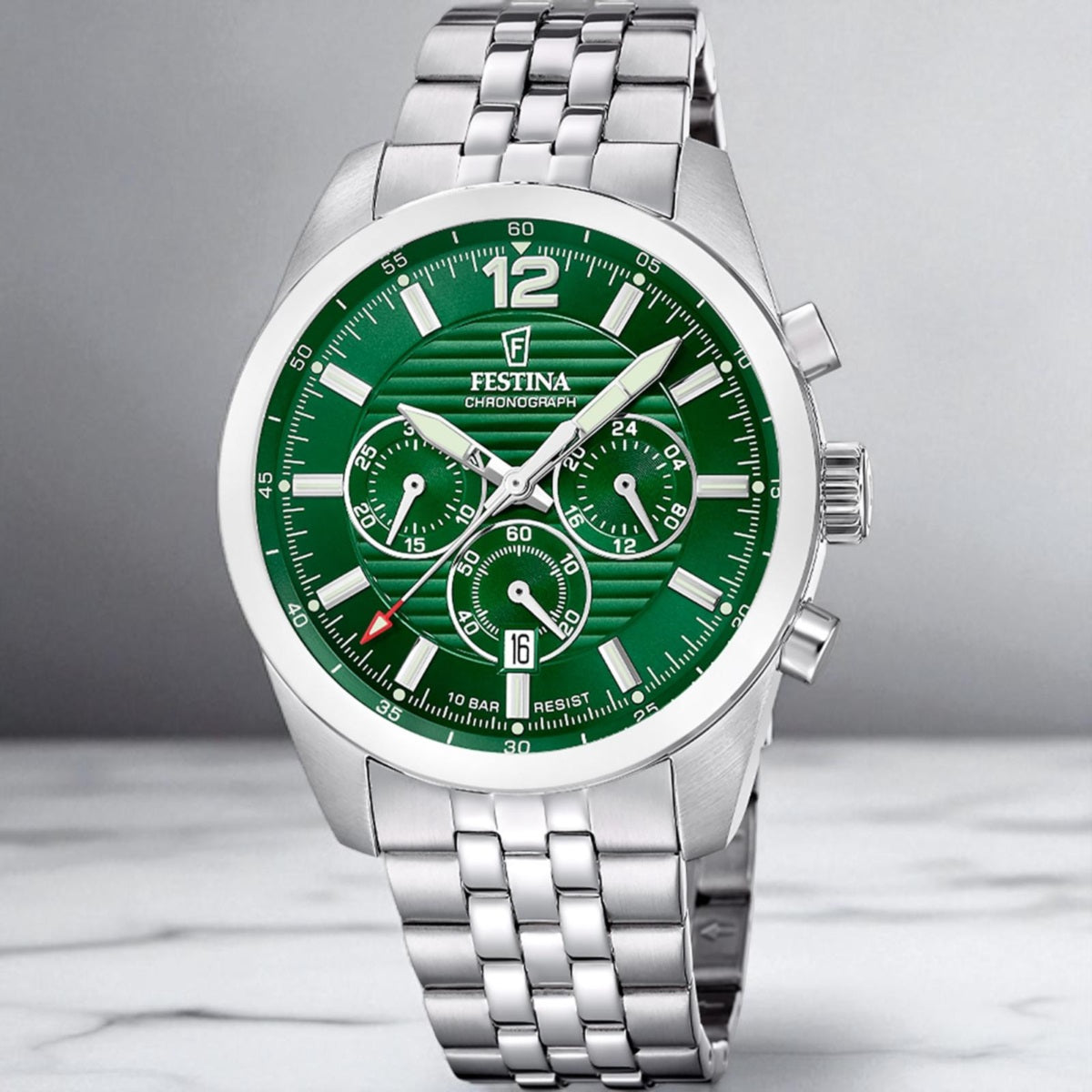 Festina Timeless Chronograph Quartz Green Dial Fluorescent Indices Stainless Steel Men's Watch | F20742/2