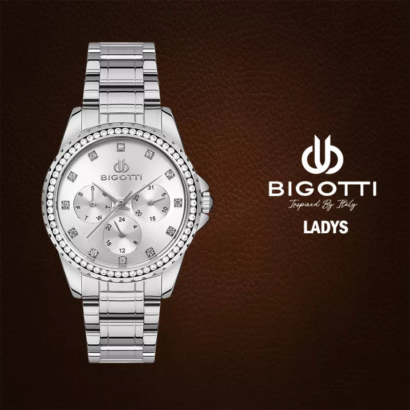 Bigotti Stainless Steel Watch Silver Dial Stones on Bezel | BG.1.10453-1
