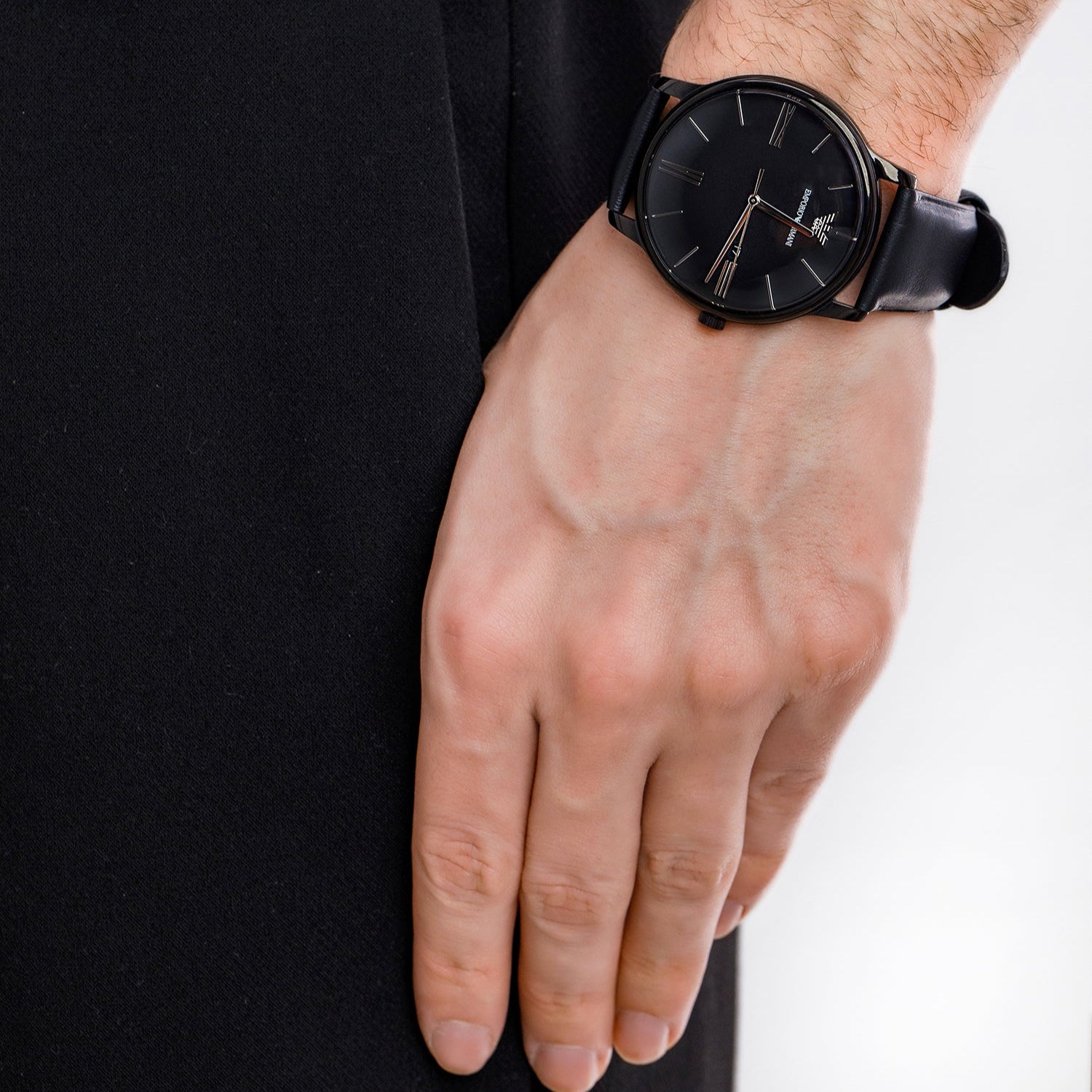 Emporio Armani Three-Hand Date Black Leather Men's Watch | AR11573