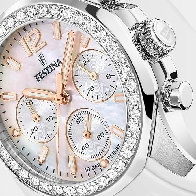 Festina Boyfriend Quartz Chronograph Mother Pearl Rainbow Dial White Rubber Women's Watch | F20610/1