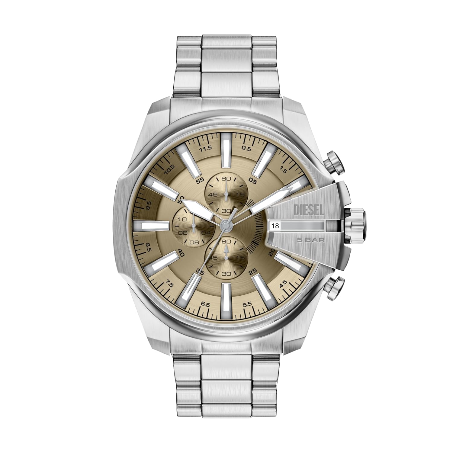 Diesel Mega Chief Gold Sunray Dial and Silver Steel Bracelet 48mm Men's Watch | DZ4702