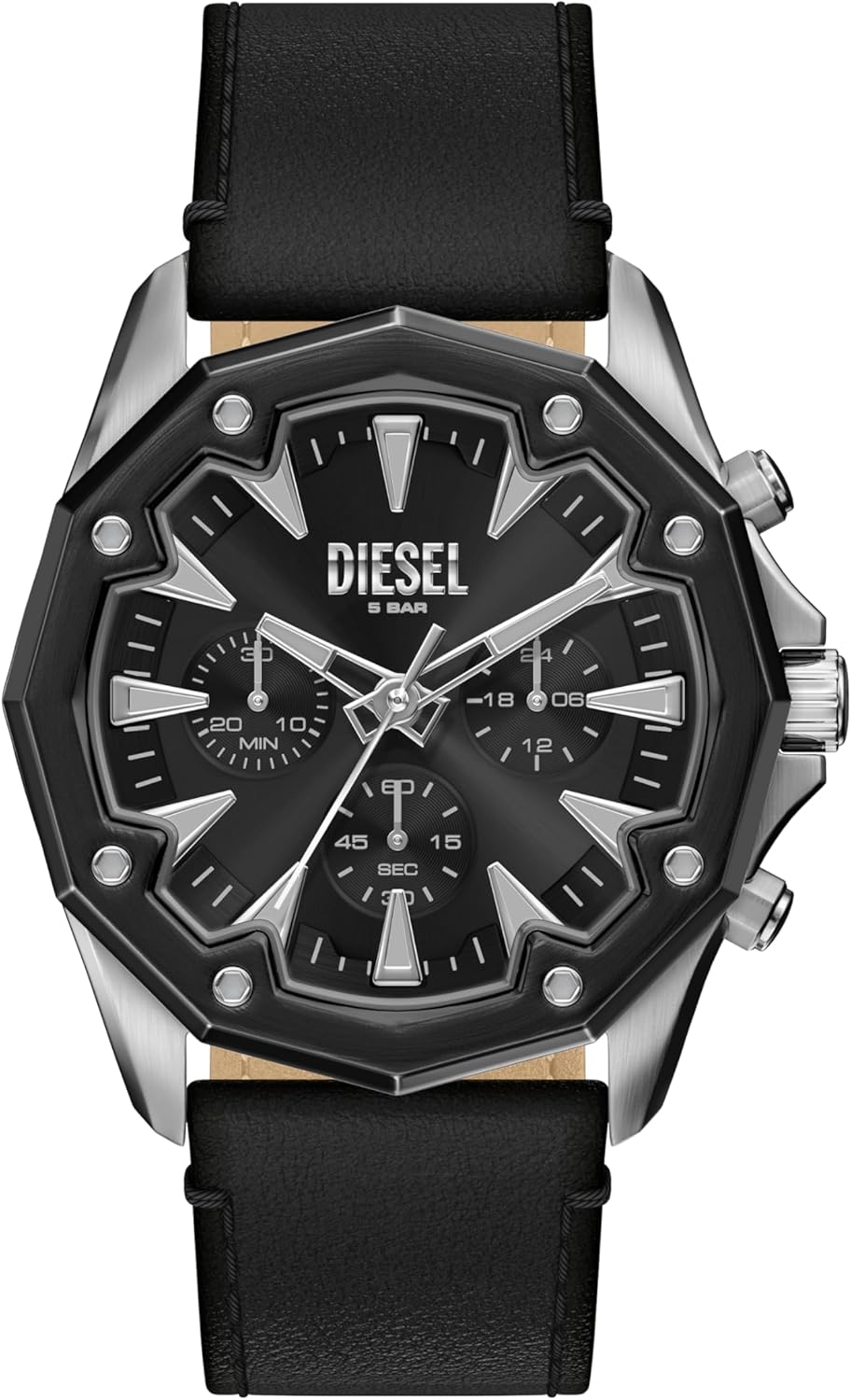 Diesel Stinger Black Sunray Dial and Black Leather Strap 46mm Men's Watch | DZ4710