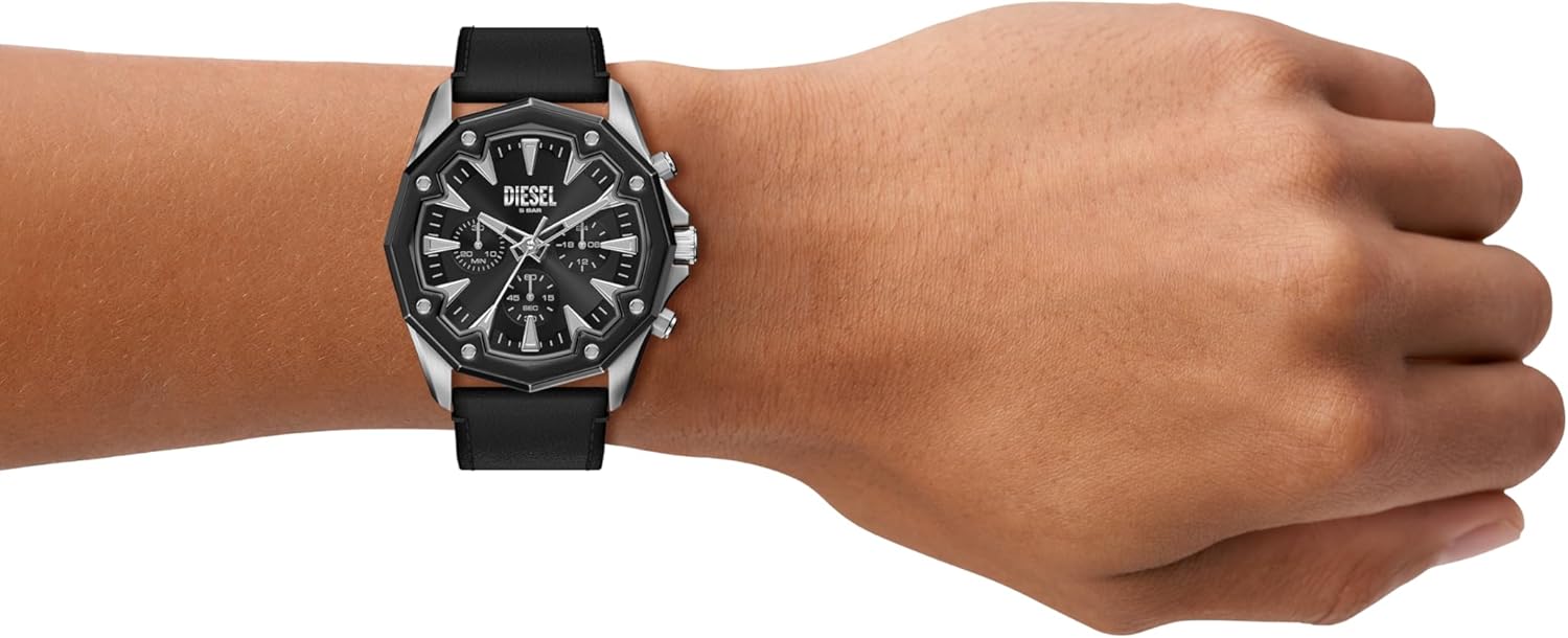 Diesel Stinger Black Sunray Dial and Black Leather Strap 46mm Men's Watch | DZ4710