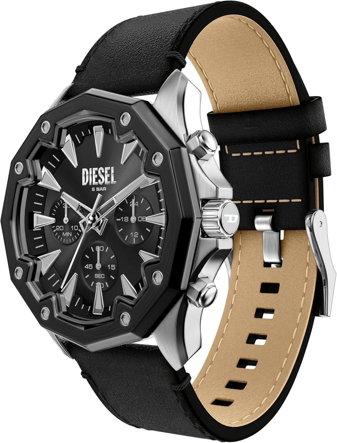 Diesel Stinger Black Sunray Dial and Black Leather Strap 46mm Men's Watch | DZ4710