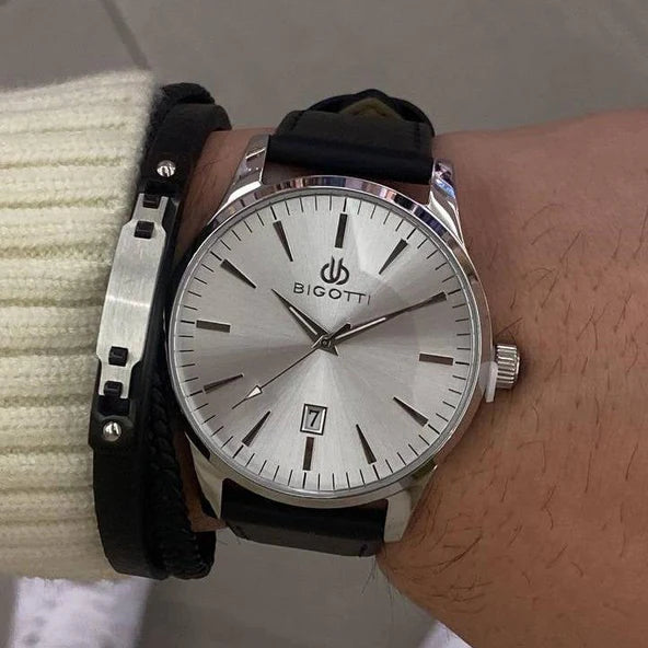 Bigotti Stainless Steel Round Silver Dial Calendar Black Leather Strap | BG.1.10257-1