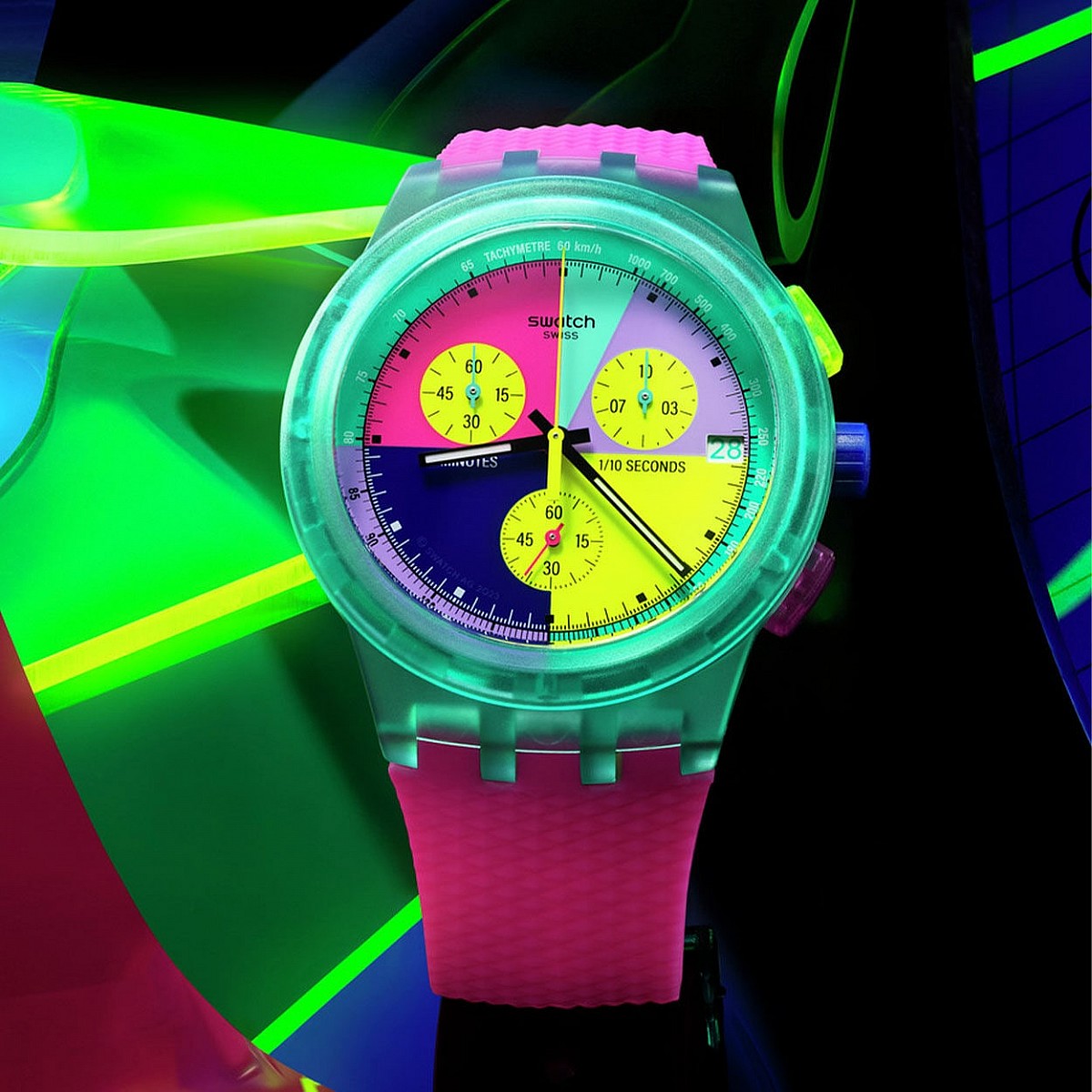 Swatch Neon Flash Chrono Multi-Colour Dial Pink Strap Unisex Watch | SUSG408