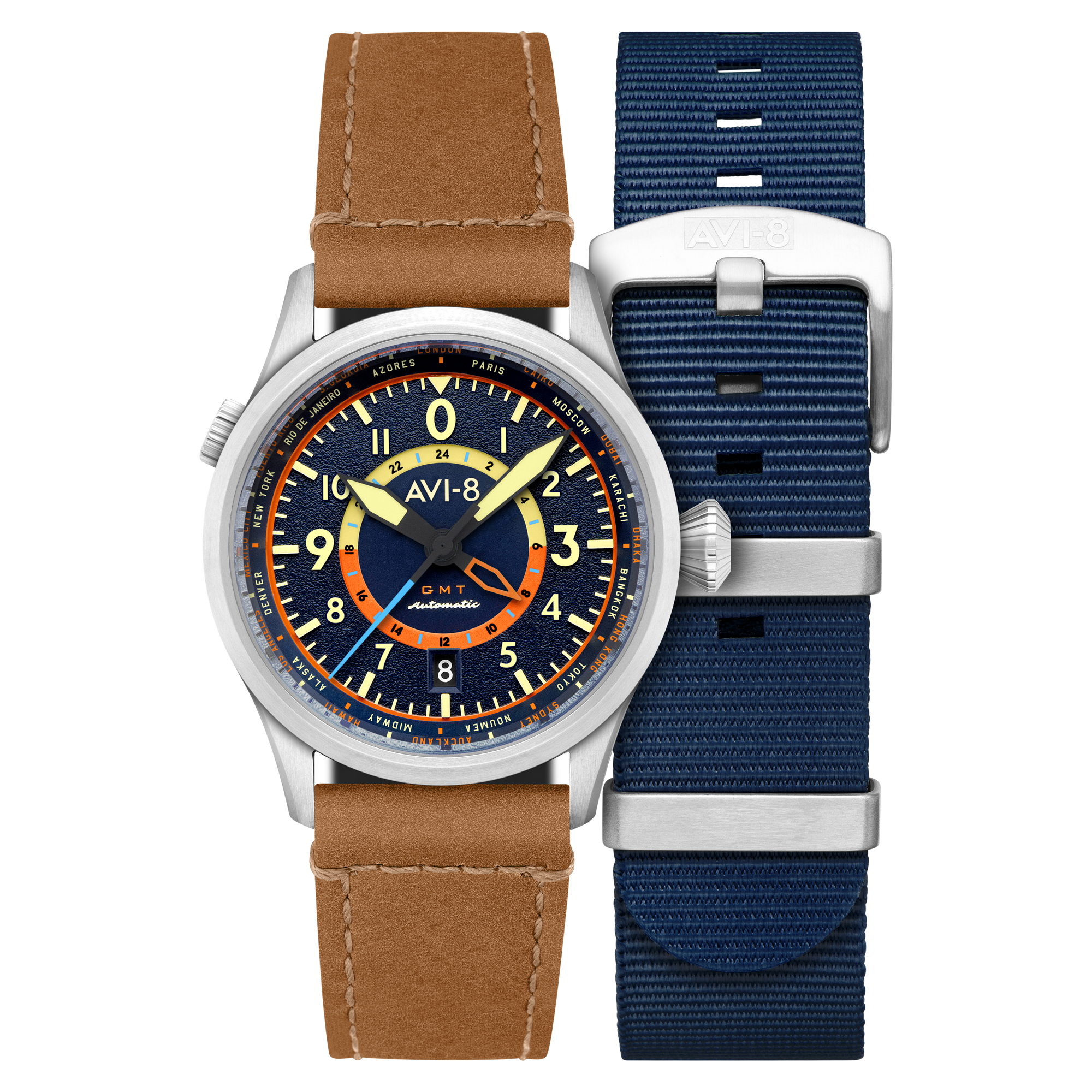 AVI-8 Flyboy Wingman Worldtimer Gmt Automatic Atlantic Blue Av 4120 01