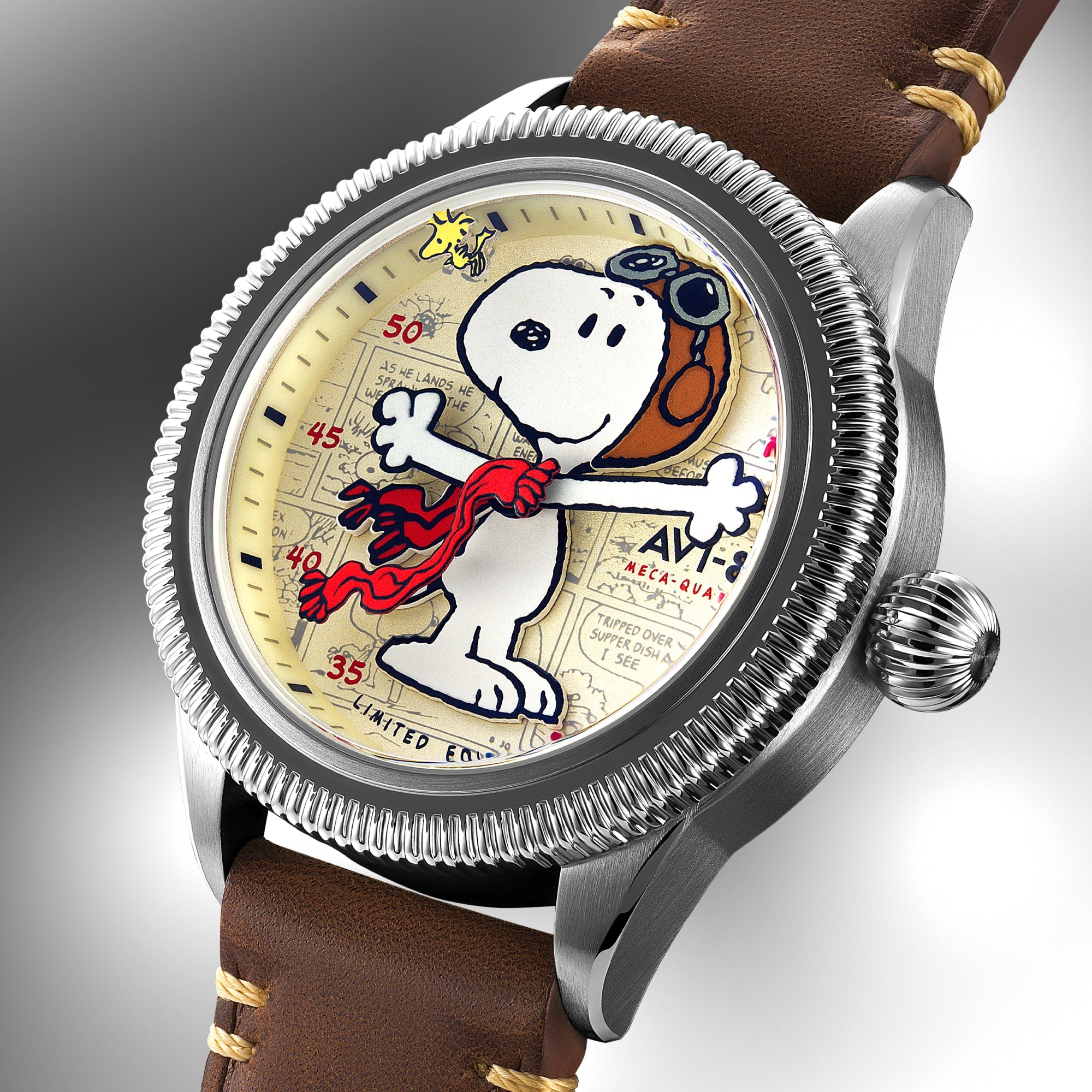 AVI-8 Flyboy Airmaster 40 Meca Quartz Peanuts Snoopy Flying Ace Limited Edition Camel Brown Av 4138 01
