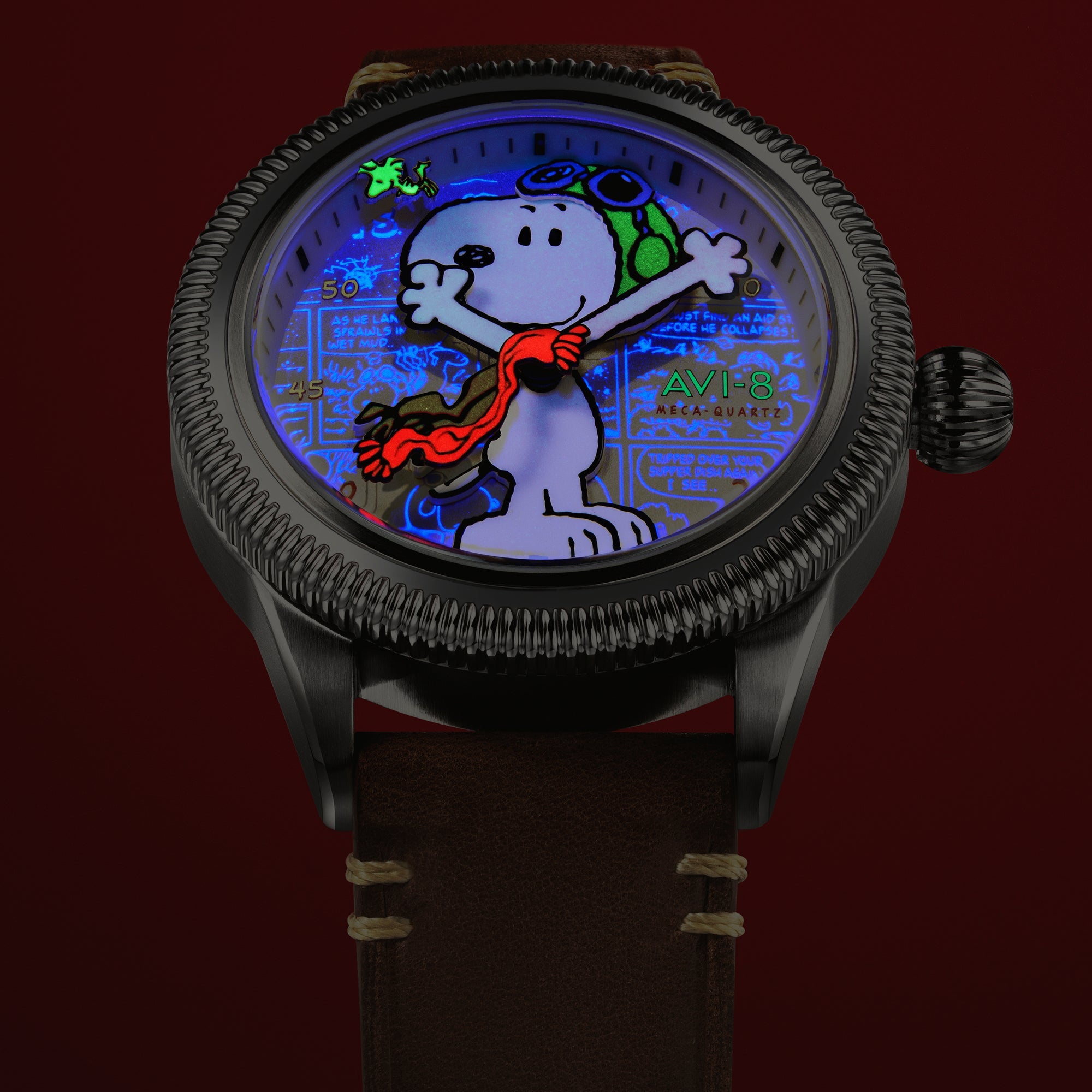 AVI-8 Flyboy Airmaster 40 Meca Quartz Peanuts Snoopy Flying Ace Limited Edition Camel Brown Av 4138 01