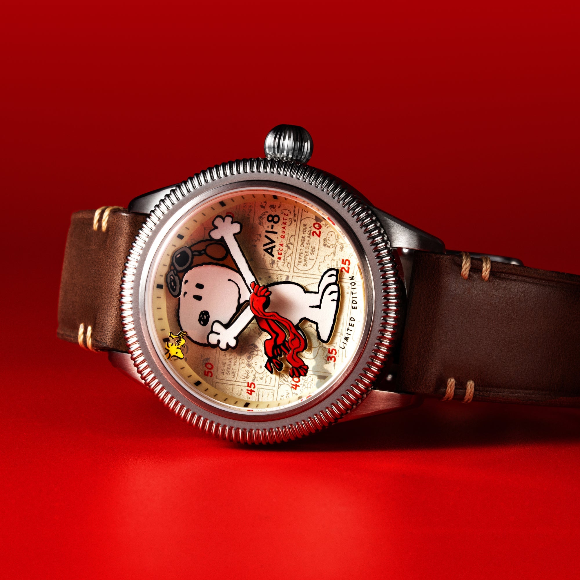 AVI-8 Flyboy Airmaster 40 Meca Quartz Peanuts Snoopy Flying Ace Limited Edition Camel Brown Av 4138 01