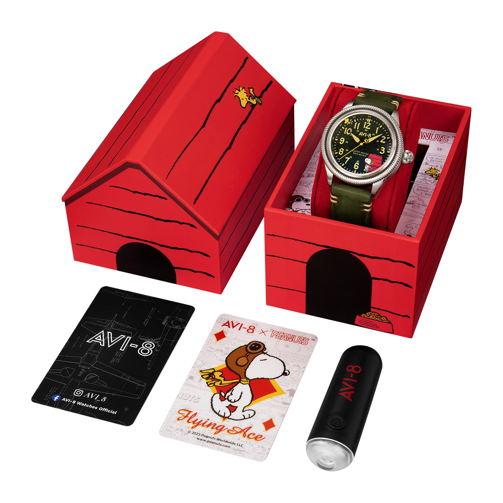 AVI-8 Flyboy Airmaster 40 Meca Quartz Peanuts Snoopy Flying Ace Limited Edition Doghouse Green Av 4139 01