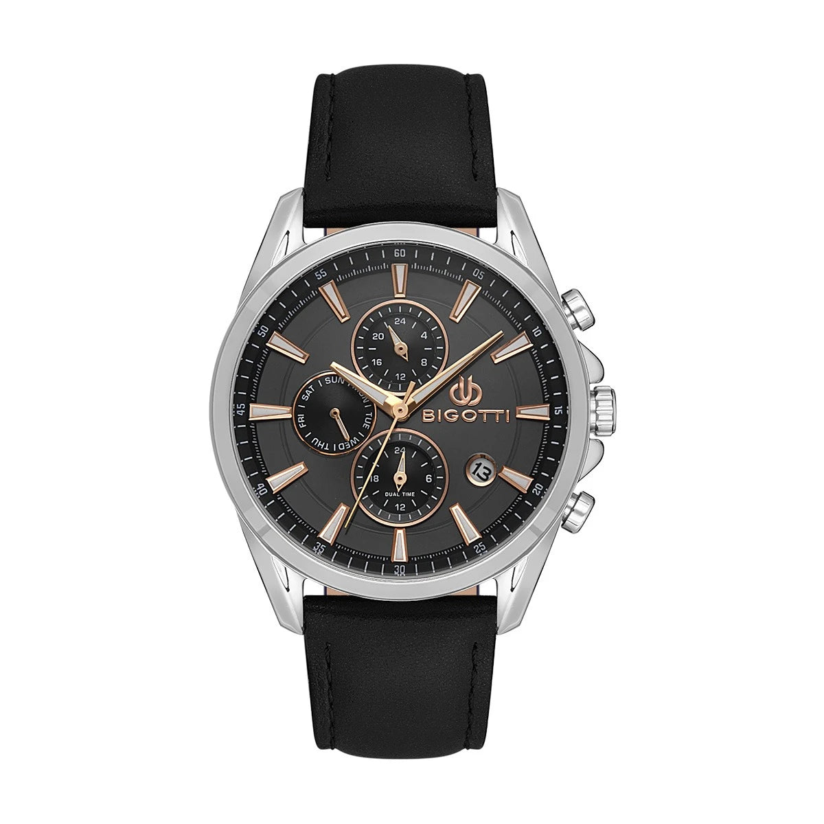 Bigotti Black Multi-Dial Rose Gold Luminescent Hands Calendar Leather Strap | BG.1.10489-1