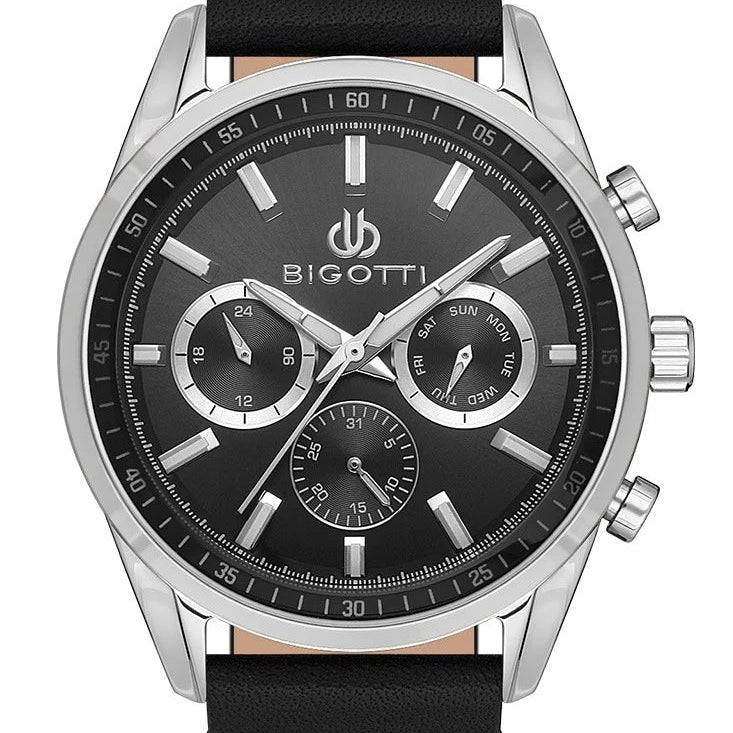 Bigotti Stainless Steel Black Multi-Dial Luminescent Batons Black Leather Strap | BG.1.10490-2