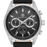 Bigotti Stainless Steel Black Multi-Dial Luminescent Batons Black Leather Strap | BG.1.10490-2