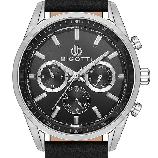 Bigotti Stainless Steel Black Multi-Dial Luminescent Batons Black Leather Strap | BG.1.10490-2