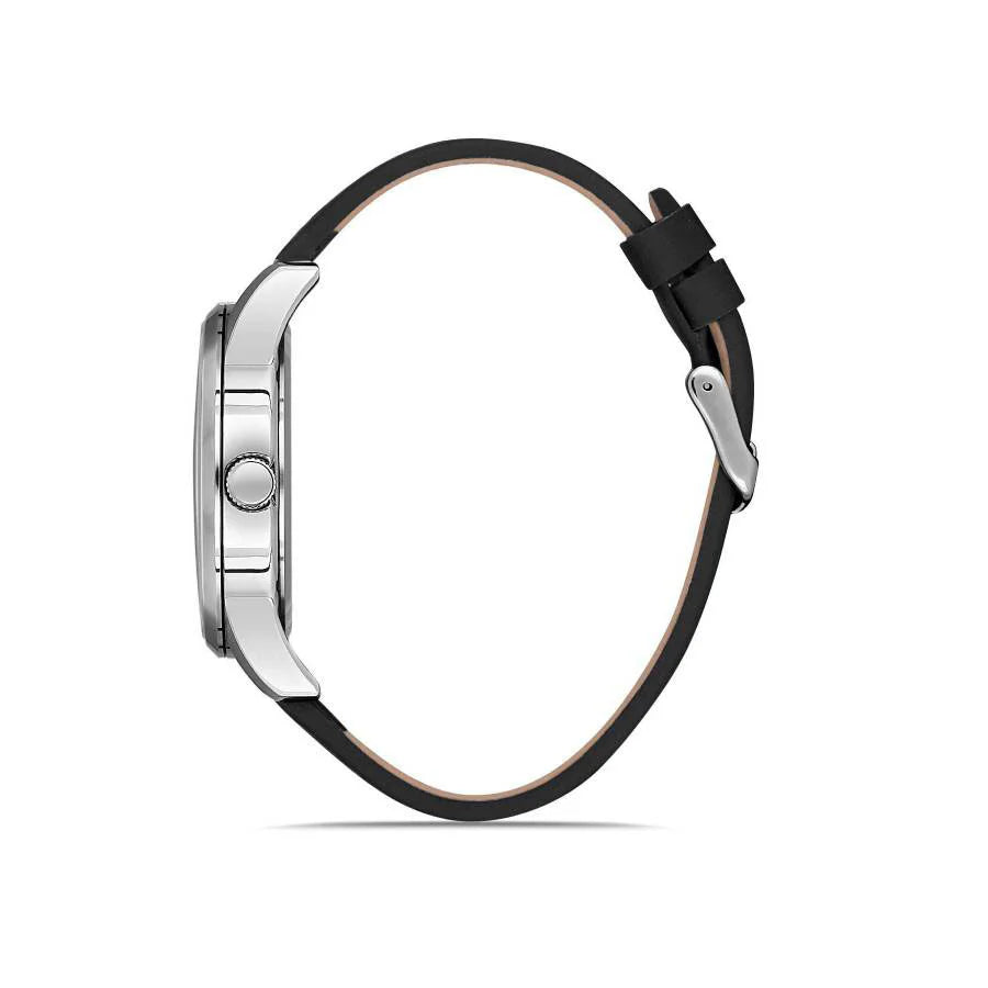 Bigotti Stainless Steel Round Silver Dial Calendar Black Leather Strap | BG.1.10257-1