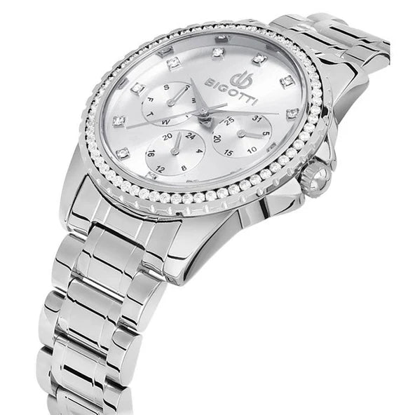 Bigotti Stainless Steel Watch Silver Dial Stones on Bezel | BG.1.10453-1
