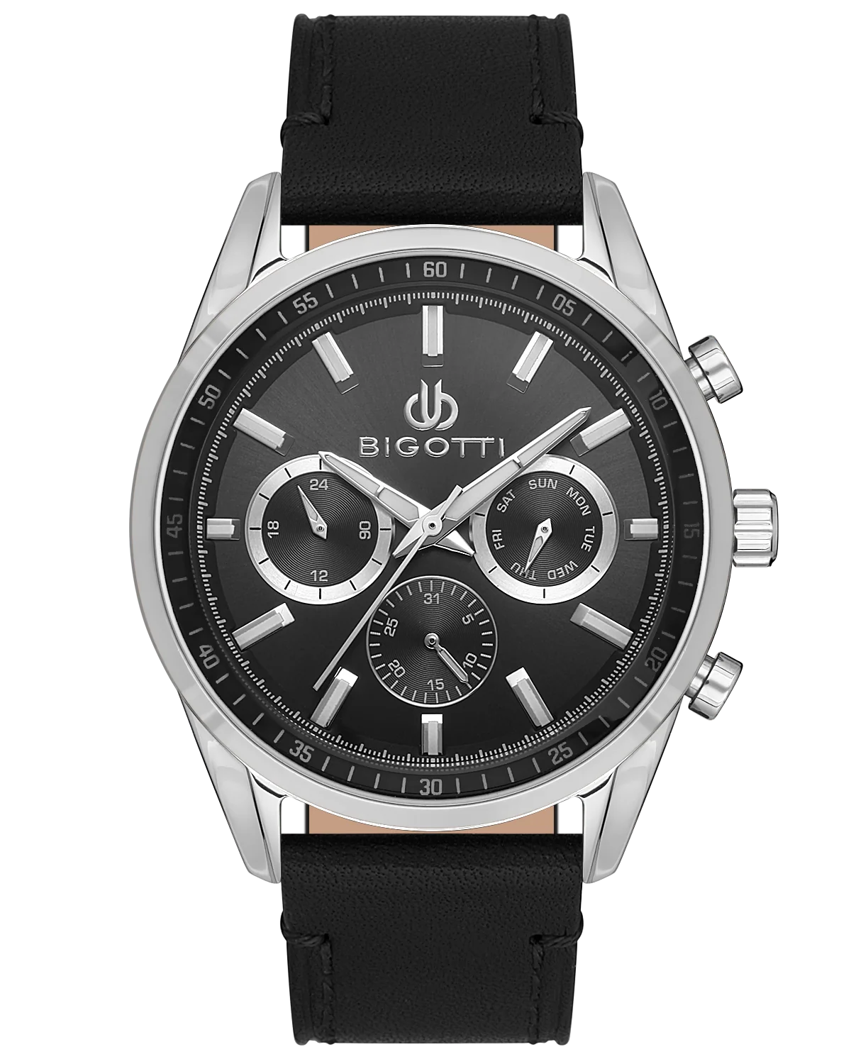 Bigotti Stainless Steel Black Multi-Dial Luminescent Batons Black Leather Strap | BG.1.10490-2