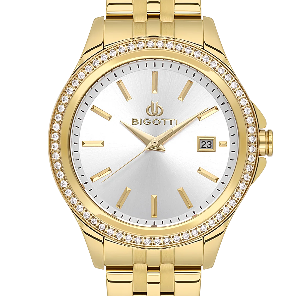 Bigotti Rose Gold Silver Dial Calendar Stainless Steel Woman's Watch | BG.1.10558-3