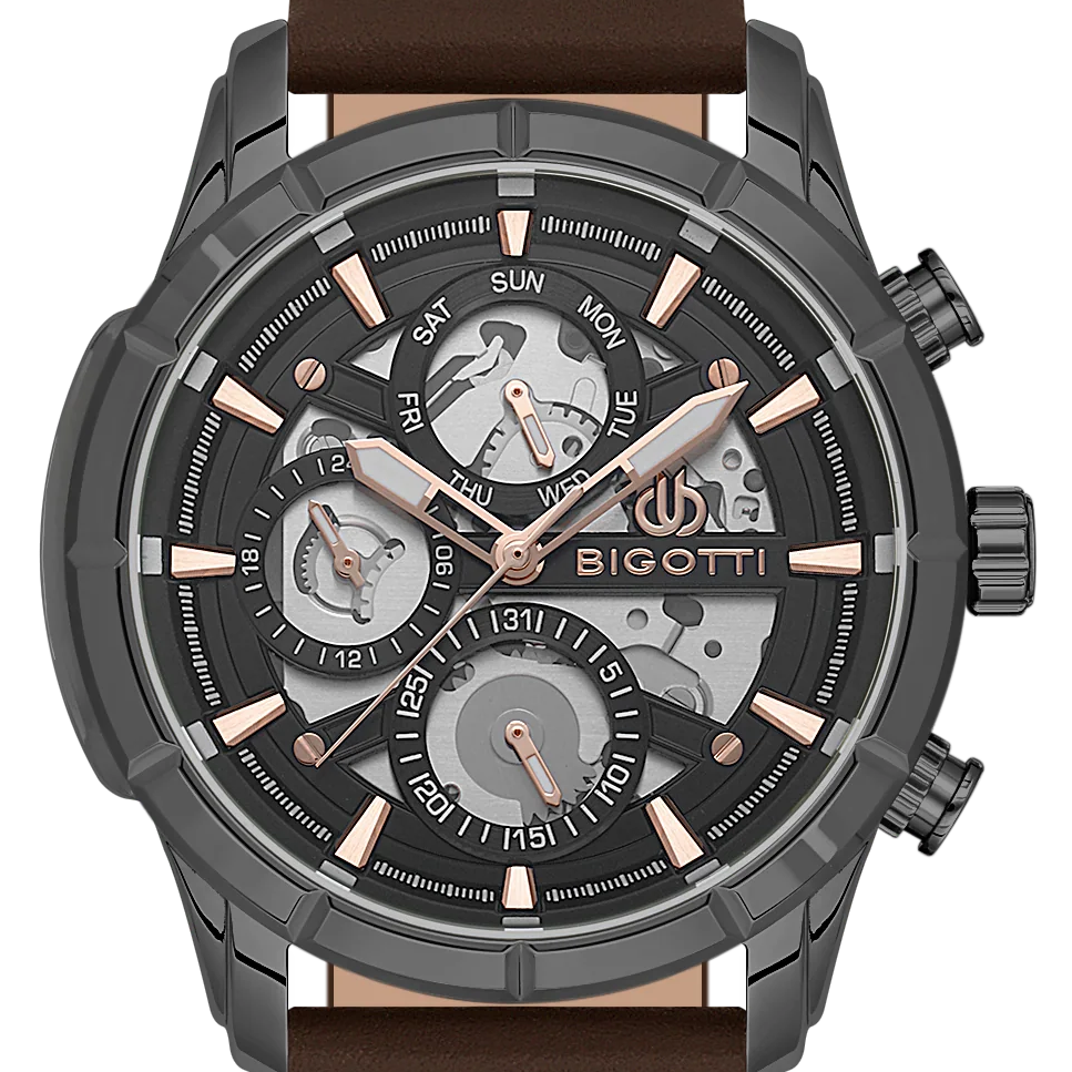 Bigotti Gunmetal Black Skeleton Multi-Dial Rose Gold Brown Leather Strap | BG.1.10579-5