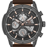 Bigotti Gunmetal Black Skeleton Multi-Dial Rose Gold Brown Leather Strap | BG.1.10579-5
