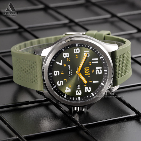 CAT Operator Green Dial Calendar Rubber Strap Men’s Watch | PU.141.23.317
