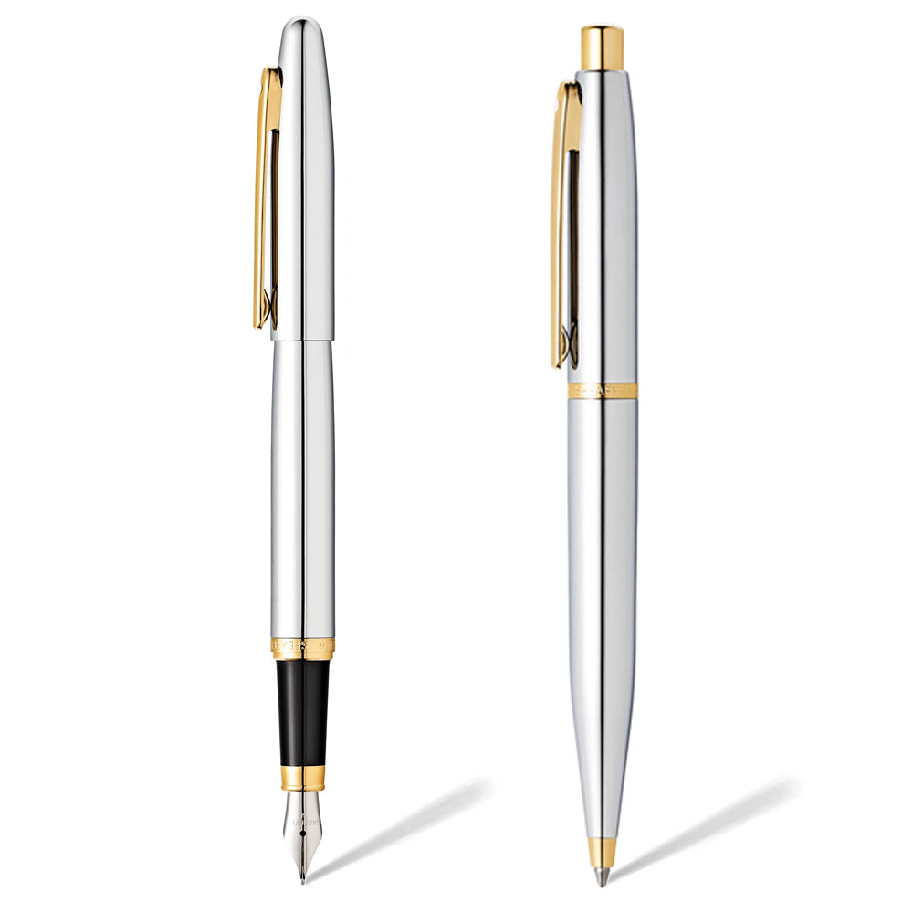 Sheaffer Bright Chrome VFM with Gold Tone Trim as Set of 2 pens - Ballpoint Pen & Fountain pen (M) Gift Set | E5942253