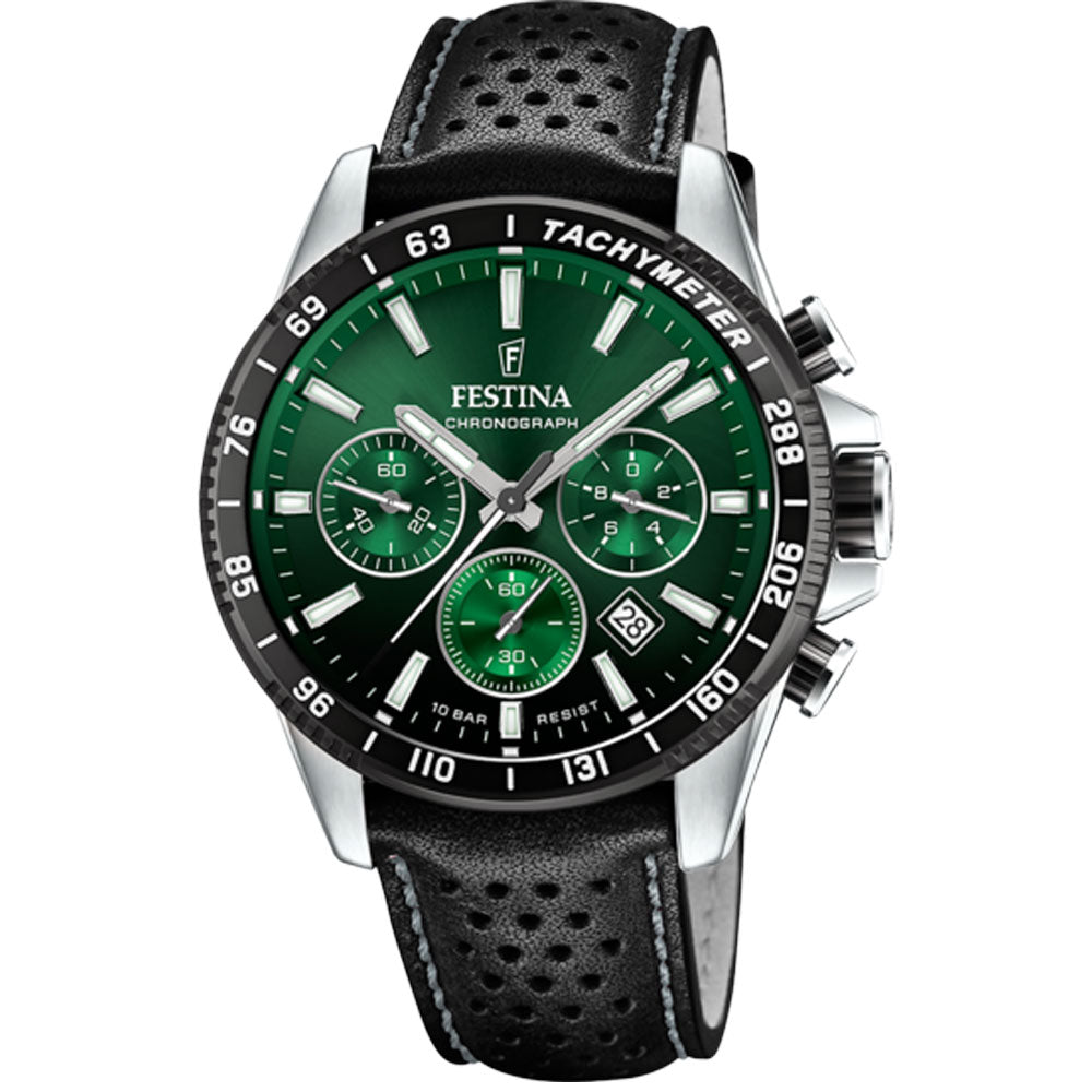 Festina Timeless Chronograph Green Black Dial Black Leather Men Watch | F20561/5
