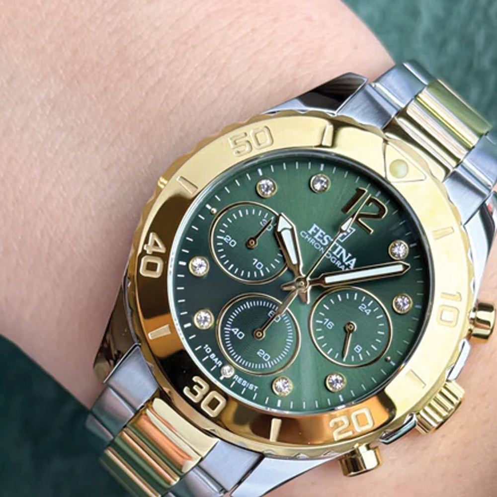 Festina Boyfriend Quartz Chronograph Green Dial Gold PVD Women's Watch | F20604/2