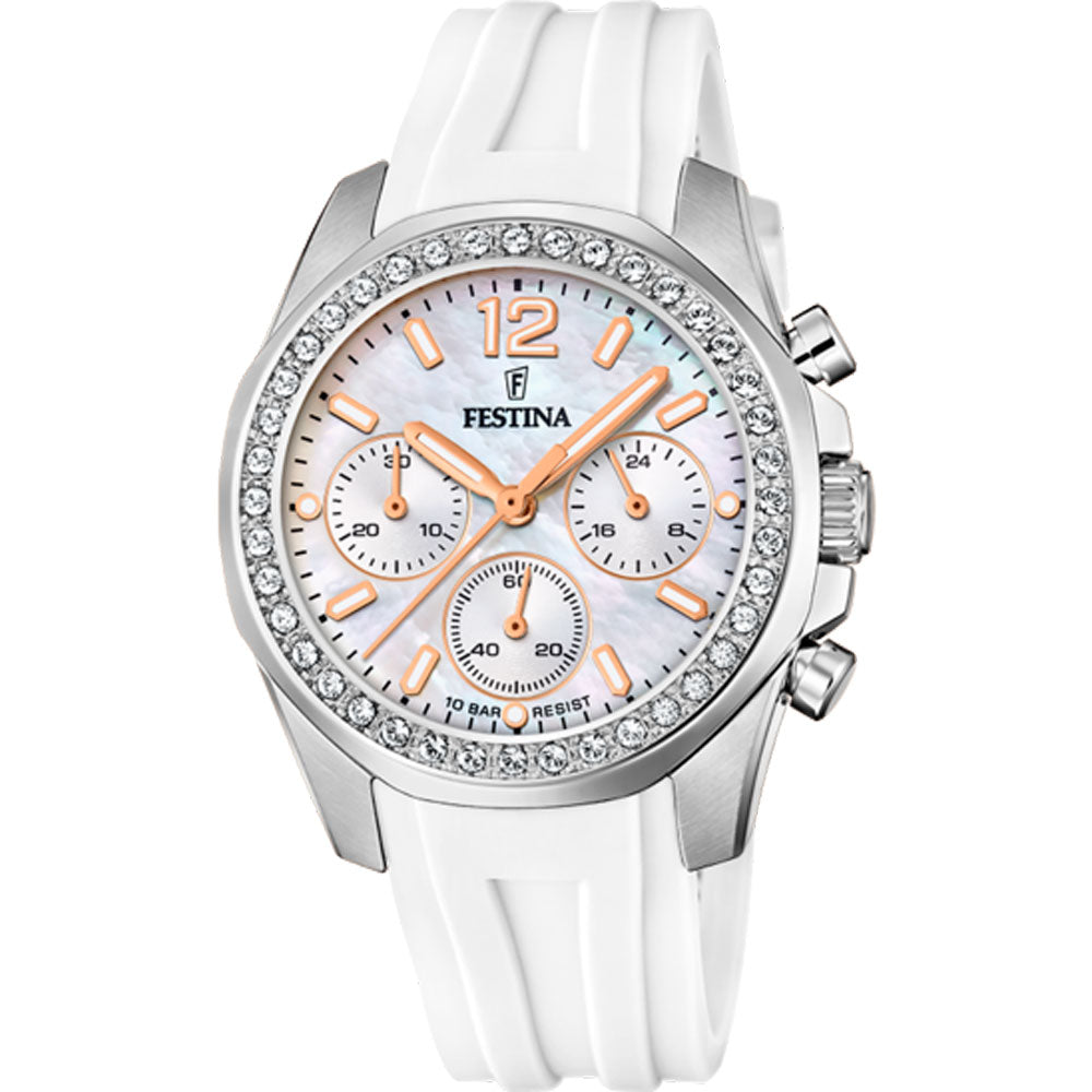 Festina Boyfriend Quartz Chronograph Mother Pearl Rainbow Dial White Rubber Women's Watch | F20610/1