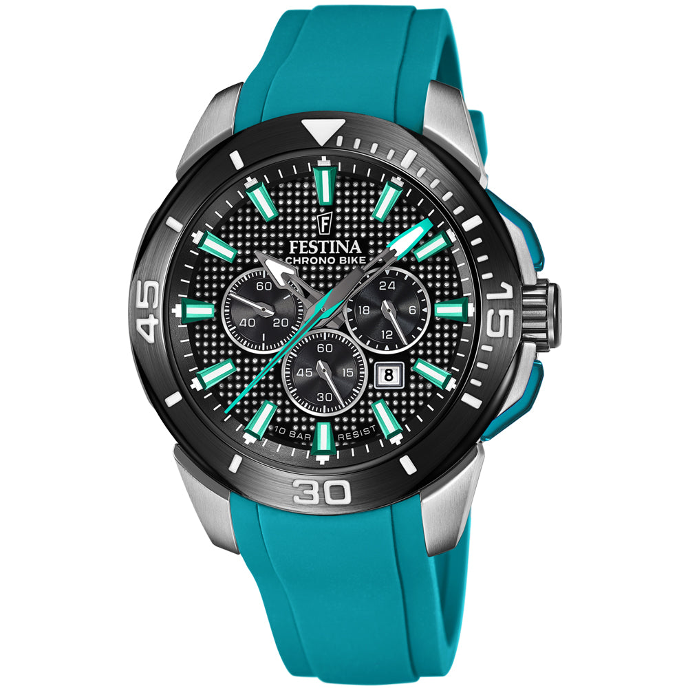 Festina Chrono Bike Quartz Chronograph Black Teal Rubber Men's Watch | F20642/3