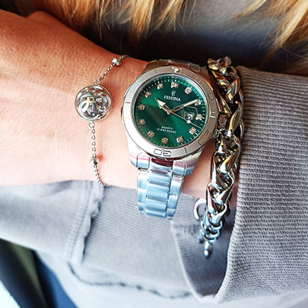 Festina Boyfriend Quartz Green Dial Embellished Indicies Stainless Steel Women's Watch | F20503/7