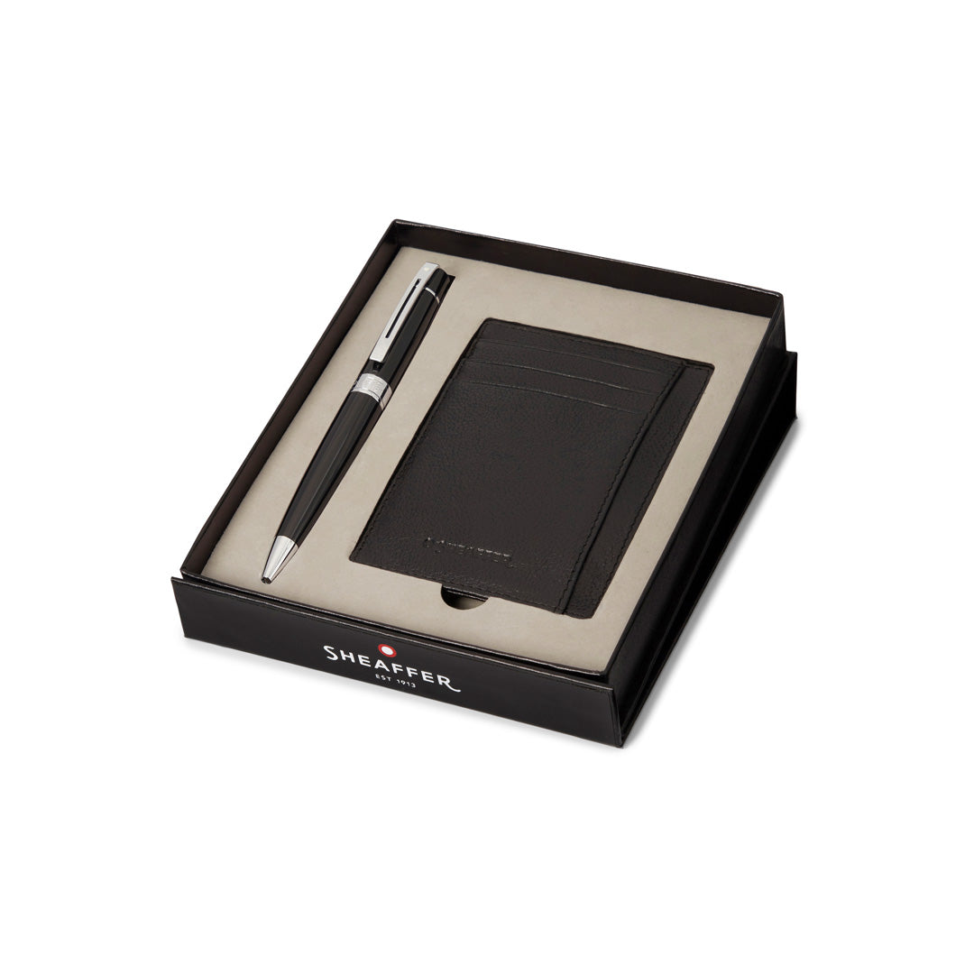 Sheaffer Glossy Black 300 Ballpoint Pen with Chrome Trims and Credit Card Holder Gift Set | G2931251-2