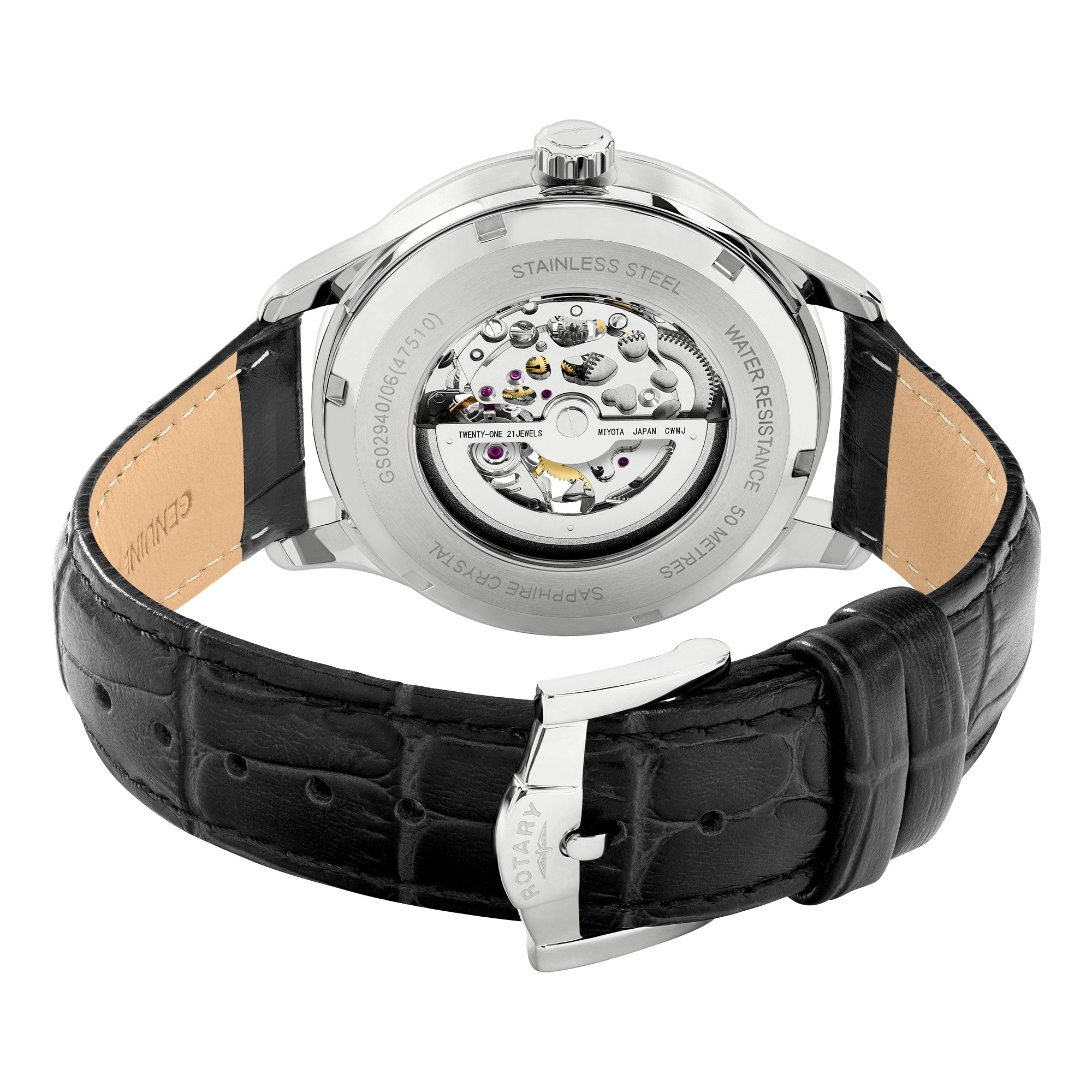 Rotary Men's Greenwich Skeleton Automatic Steel & Leather Watch | GS02940/06