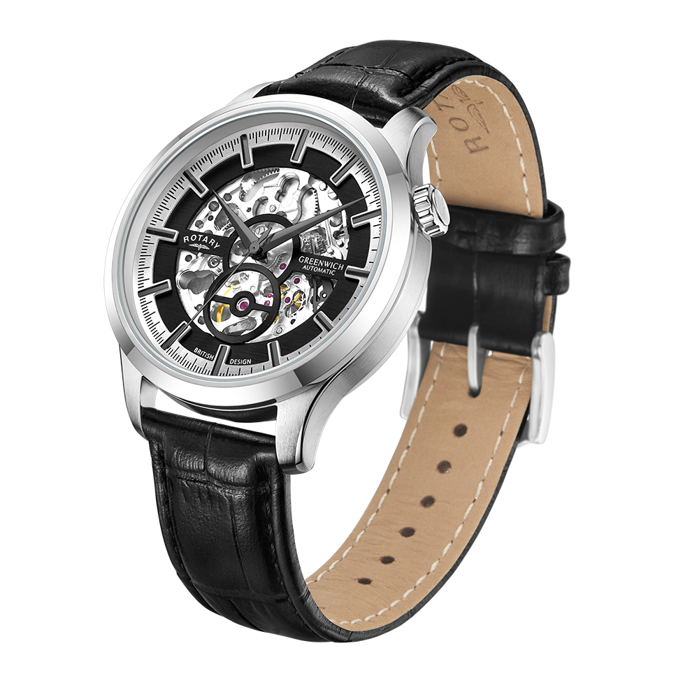 Rotary Greenwich Skeleton Automatic  Black Leather Strap Men's Watch | GS02945/87