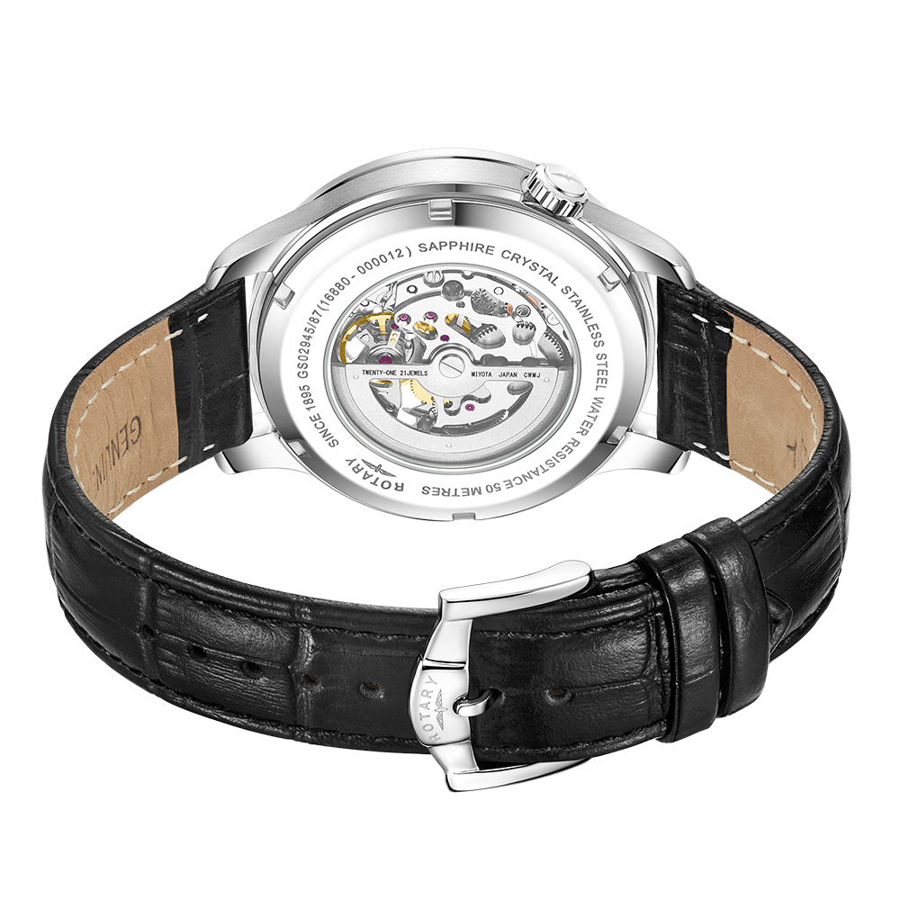 Rotary Greenwich Skeleton Automatic  Black Leather Strap Men's Watch | GS02945/87