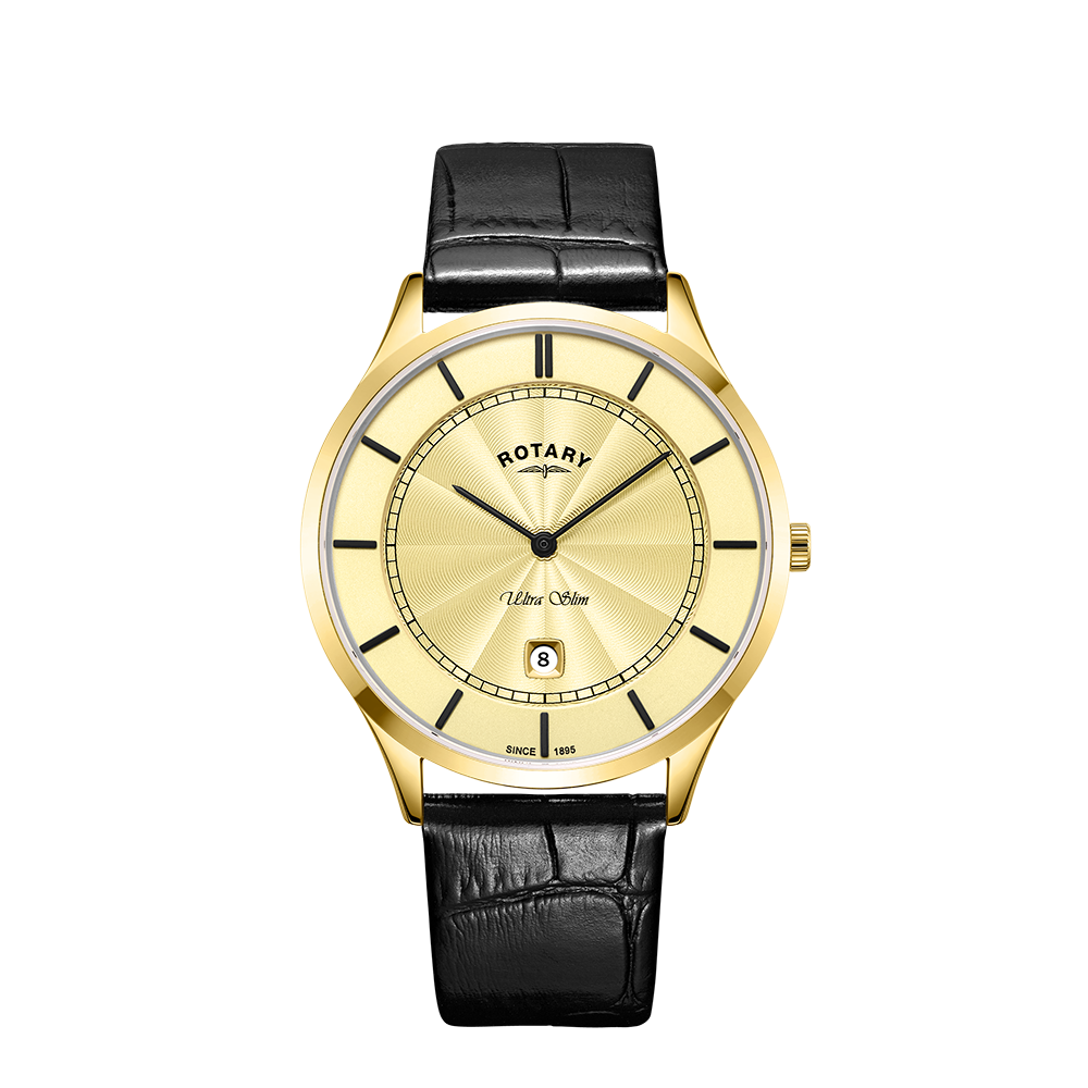 Rotary Ultra Slim Champagne Dial and Black Leather 38mm Unisex Watch | GS08413/03