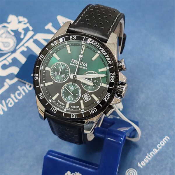Festina Timeless Chronograph Green Black Dial Black Leather Men Watch | F20561/5