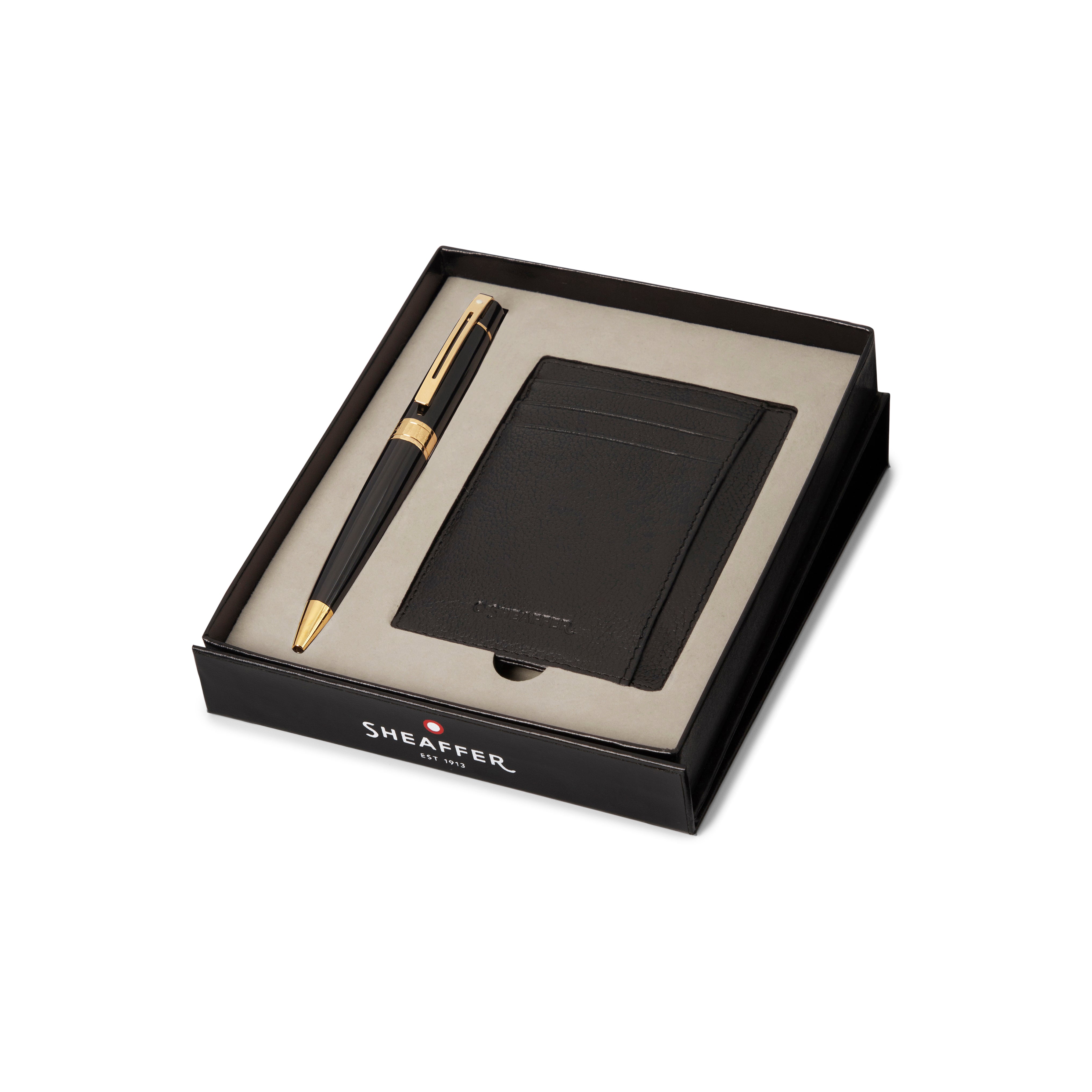 Sheaffer Glossy Black 300 Ballpoint Pen with Gold Trims and Credit Card Holder Gift Set| G2932551-2